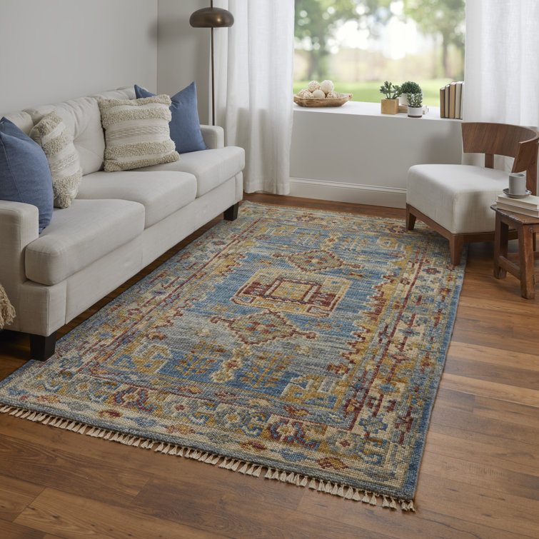 Hand-Knotted Blue and Multicolor Wool Rectangular Area Rug