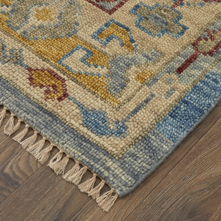 Hand-Knotted Blue and Multicolor Wool Rectangular Area Rug