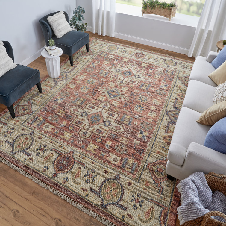 Red and Ivory Hand-Knotted Wool 9' x 12' Area Rug