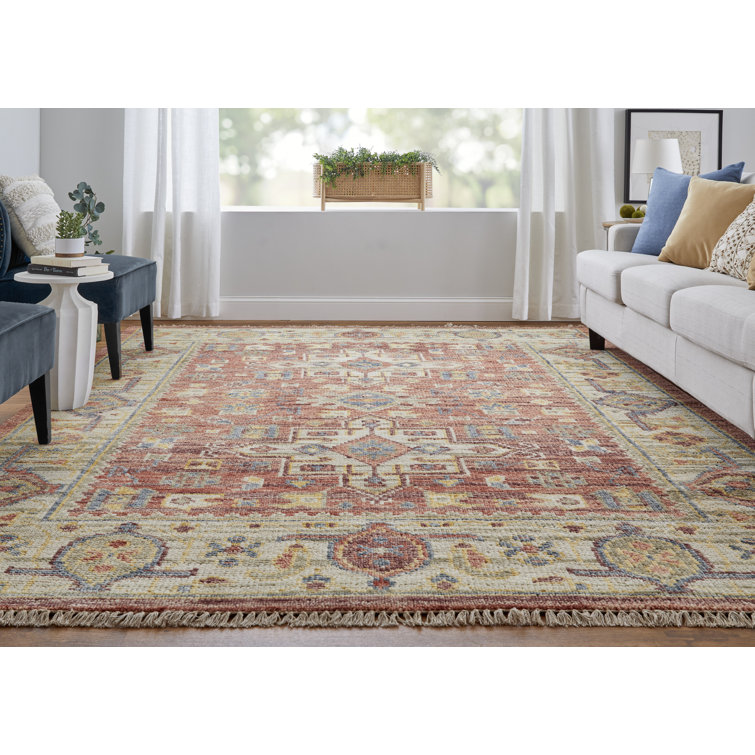 Red and Ivory Hand-Knotted Wool 9' x 12' Area Rug