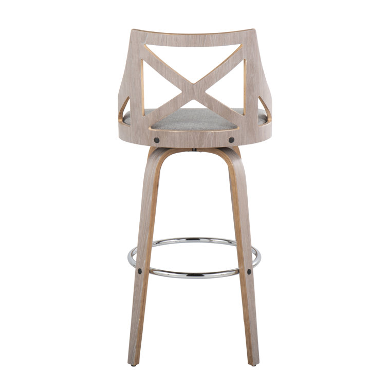 Gray Upholstered Swivel Bar Stool with Wood and Metal Frame