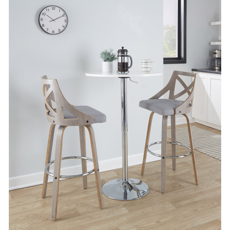 Gray Upholstered Swivel Bar Stool with Wood and Metal Frame