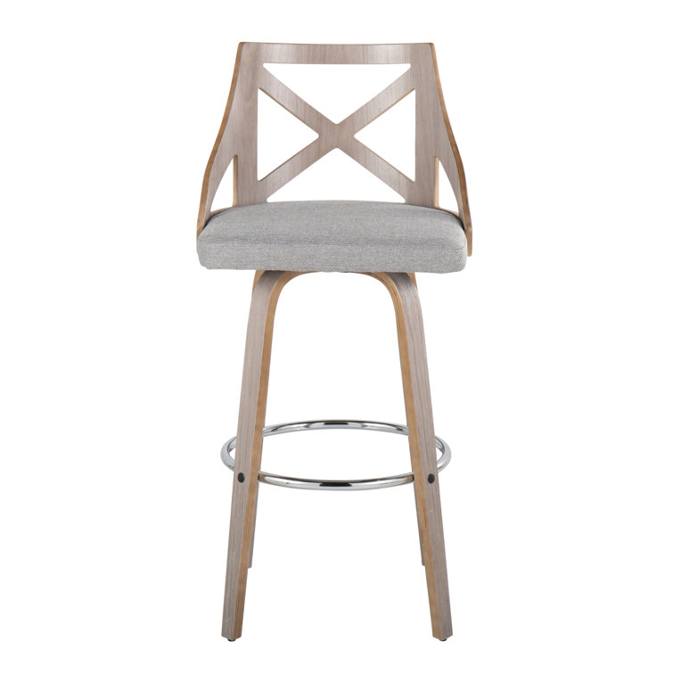 Gray Upholstered Swivel Bar Stool with Wood and Metal Frame