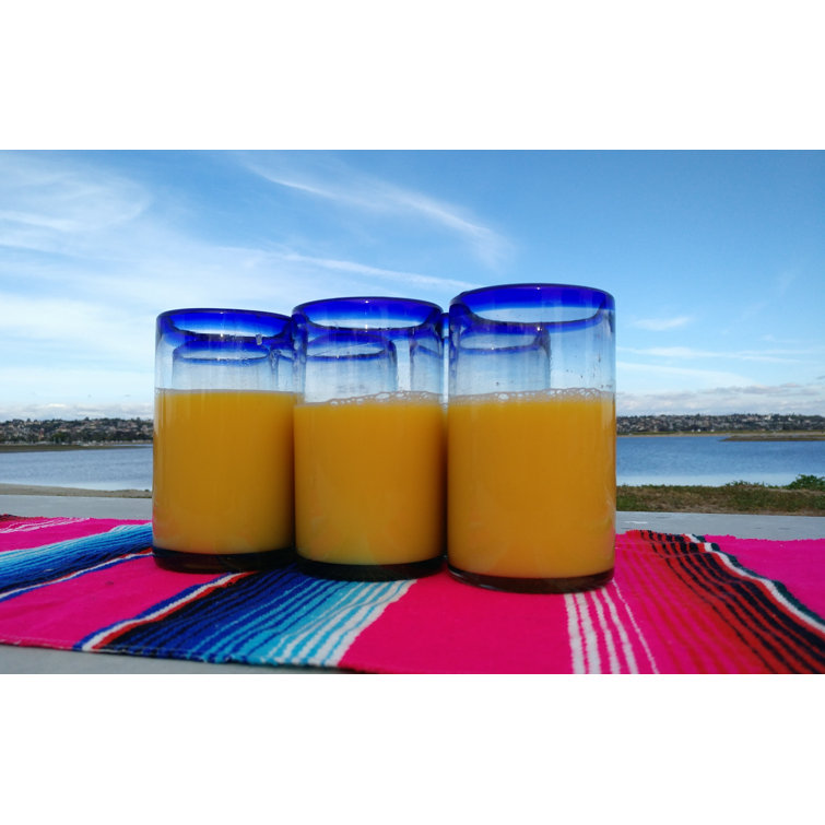 Hand Blown Mexican Glasses with Blue Rim - Set of 6