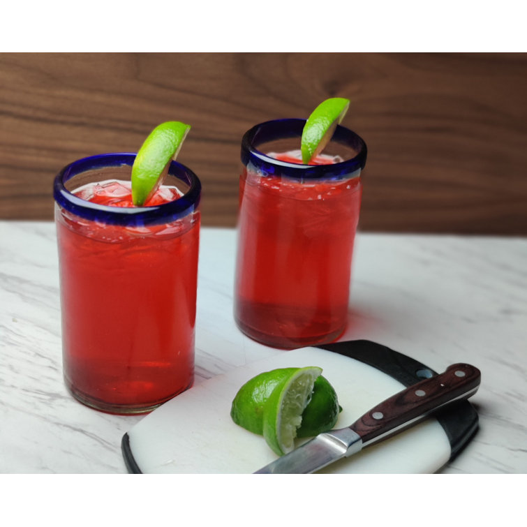 Hand Blown Mexican Glasses with Blue Rim - Set of 6