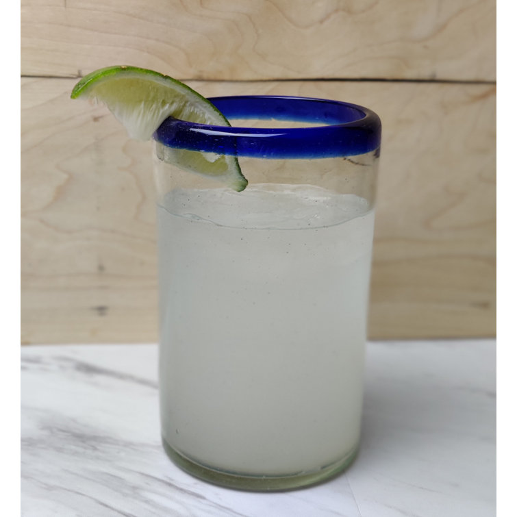 Hand Blown Mexican Glasses with Blue Rim - Set of 6