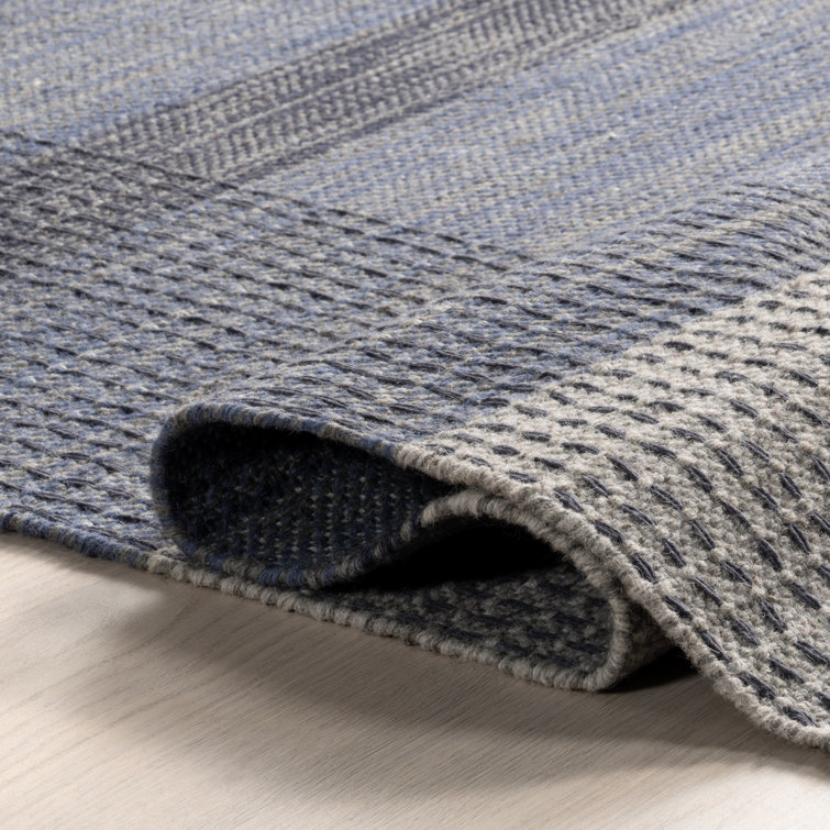 Blue and Gray Rectangular Wool Plaid Area Rug, 5x8 ft