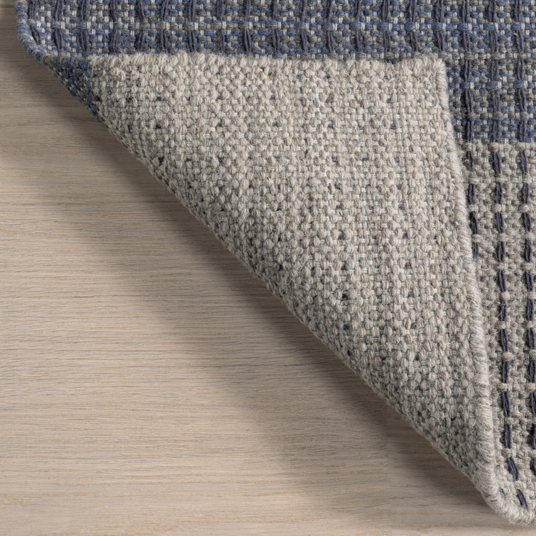 Blue and Gray Rectangular Wool Plaid Area Rug, 5x8 ft