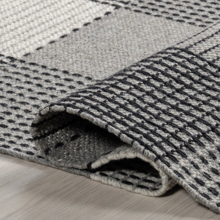 Gray and Ivory Plaid Wool Rectangular Area Rug, 10' x 14'