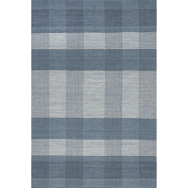 Blue Plaid Handmade Wool 6' x 9' Area Rug