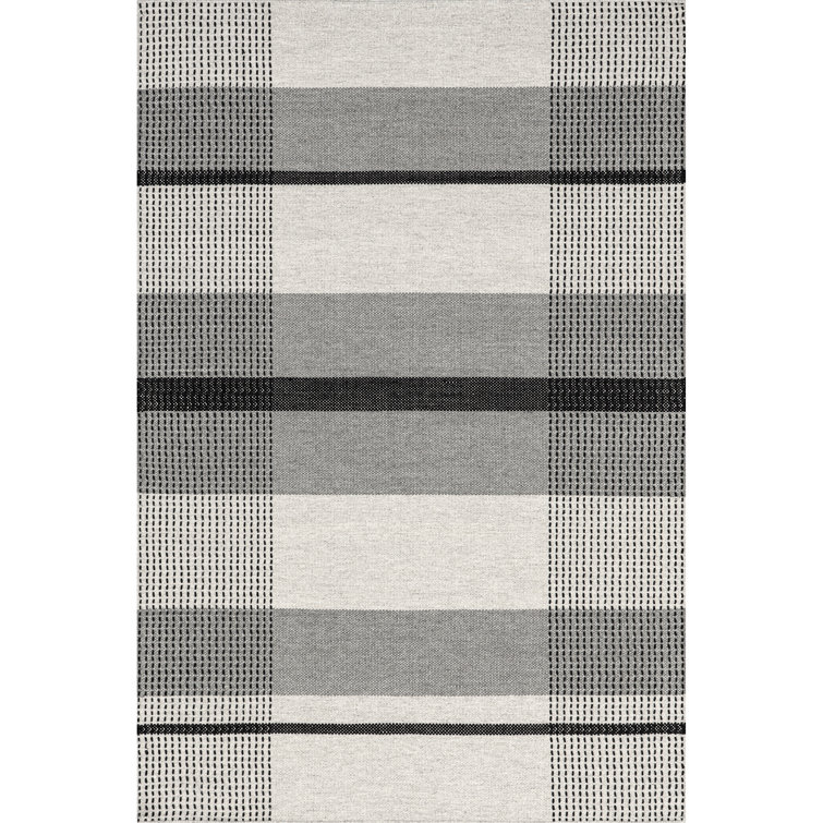 Gray and Black Plaid Wool Rectangular Area Rug 5' x 8'