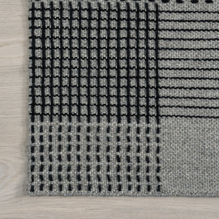 Gray and Ivory Plaid Wool Rectangular Area Rug, 10' x 14'