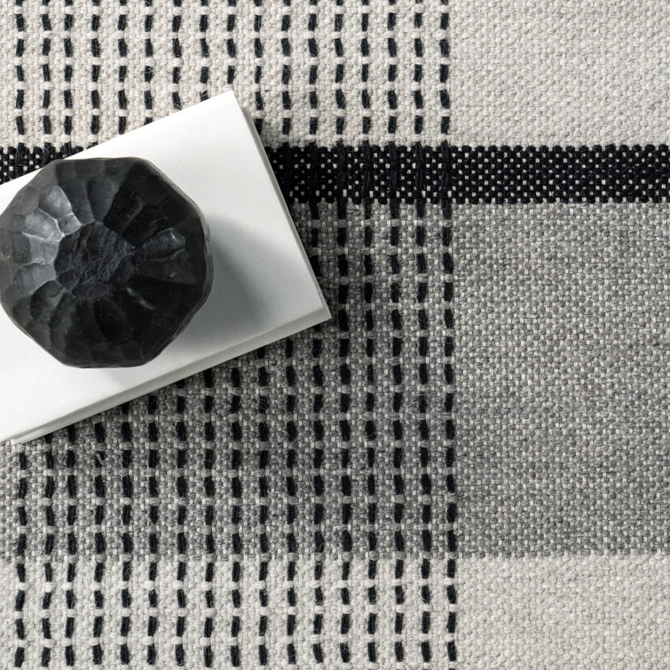 Gray and Black Plaid Wool Rectangular Area Rug 5' x 8'