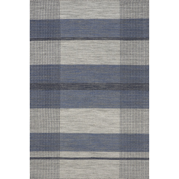 Blue and Gray Rectangular Wool Plaid Area Rug, 5x8 ft