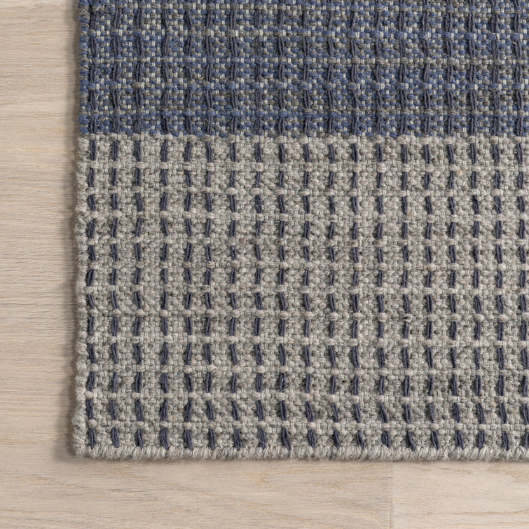 Blue and Gray Rectangular Wool Plaid Area Rug, 5x8 ft