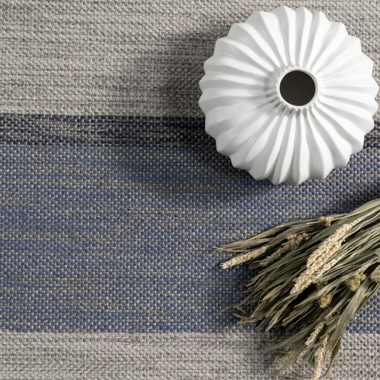Blue and Gray Rectangular Wool Plaid Area Rug, 5x8 ft