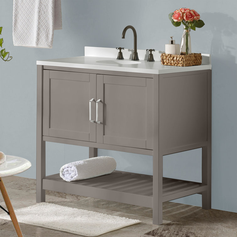 Gray Pine Freestanding Vanity Cabinet with Open Shelf