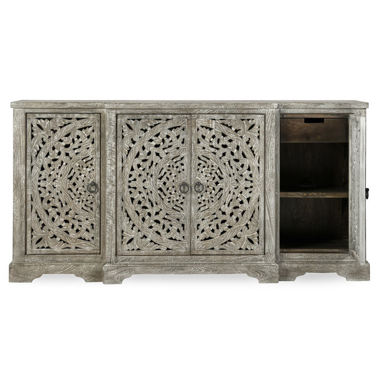 Harmony Grand Gray Mango Wood 72'' Floral Carved Sideboard