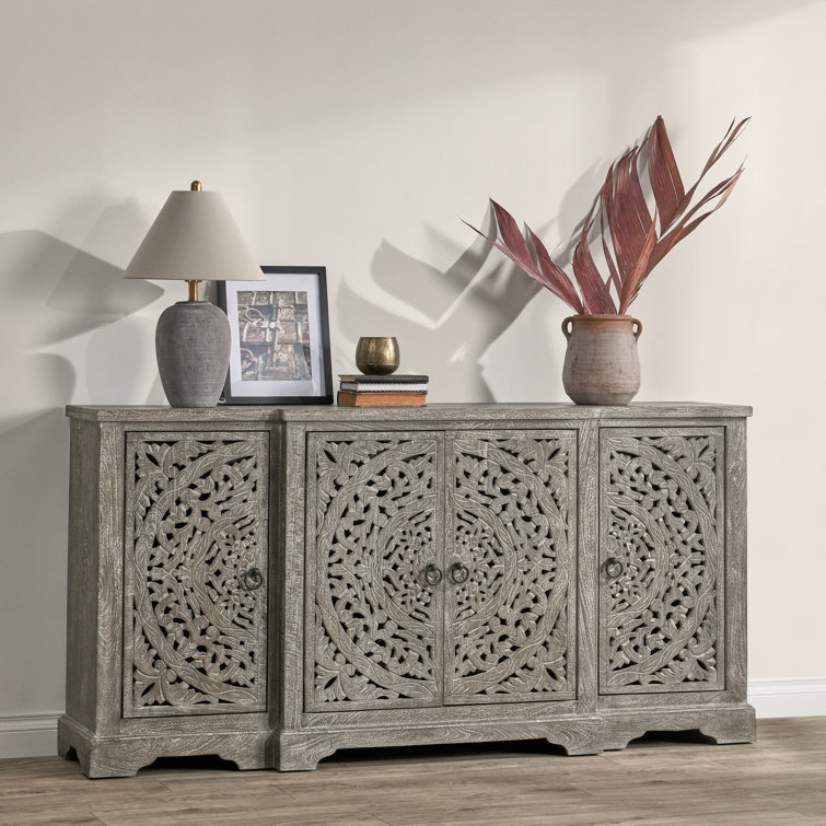Harmony Grand Gray Mango Wood 72'' Floral Carved Sideboard