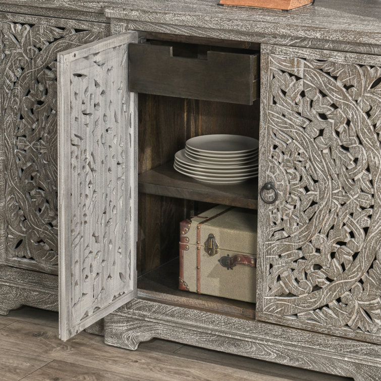 Harmony Grand Gray Mango Wood 72'' Floral Carved Sideboard