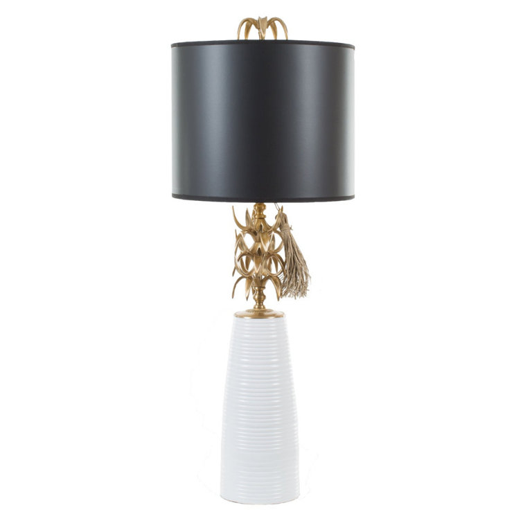 White and Brass Pineapple Table Lamp with Black Shade