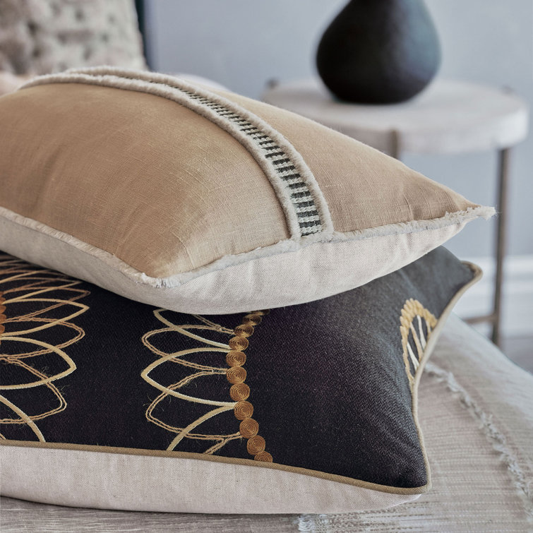 Beige Linen Lumbar Pillow with Fringed Edges