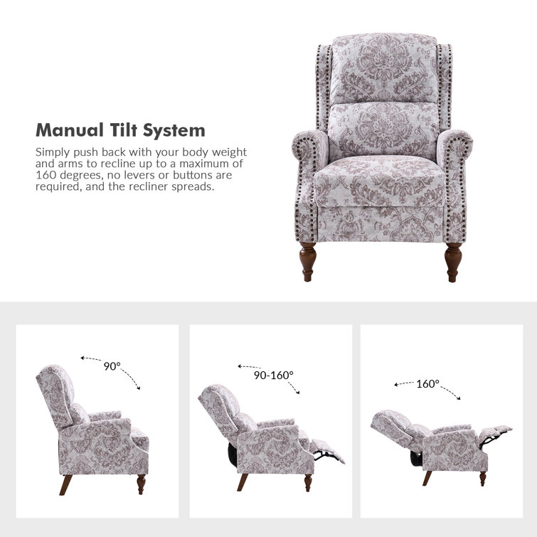 Beige Floral Polyester Wingback Recliner with Wood Legs