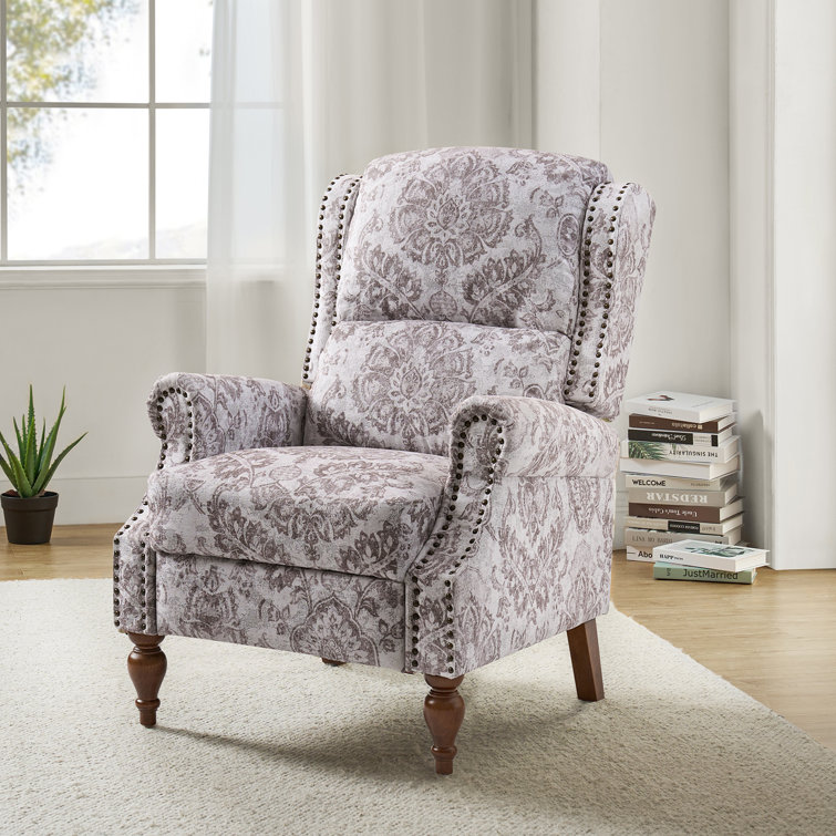 Beige Floral Polyester Wingback Recliner with Wood Legs