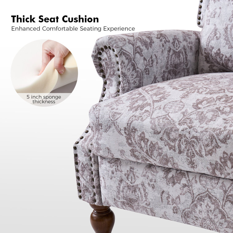 Beige Floral Polyester Wingback Recliner with Wood Legs