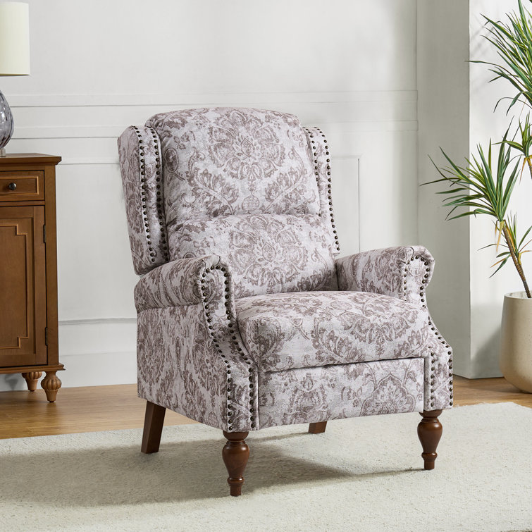 Beige Floral Polyester Wingback Recliner with Wood Legs