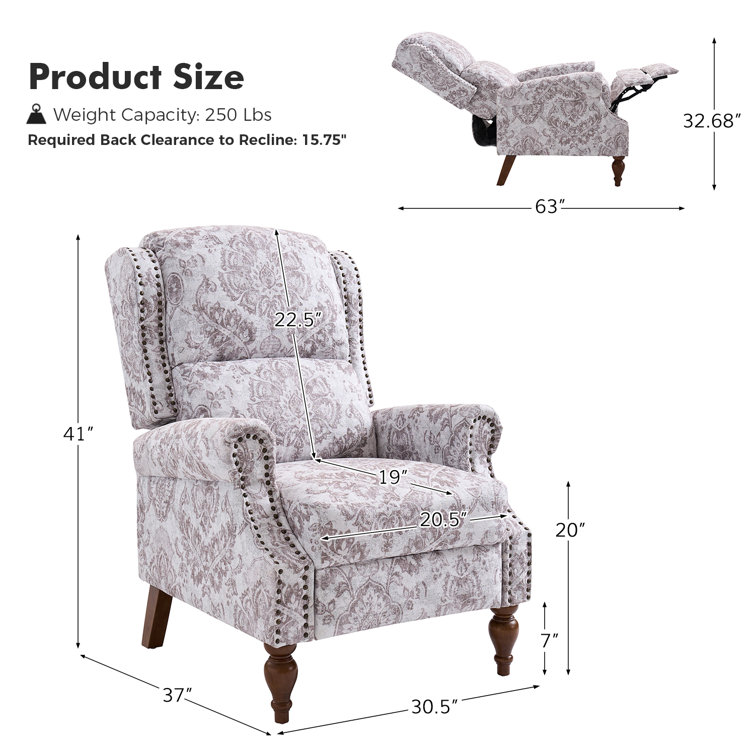 Beige Floral Polyester Wingback Recliner with Wood Legs