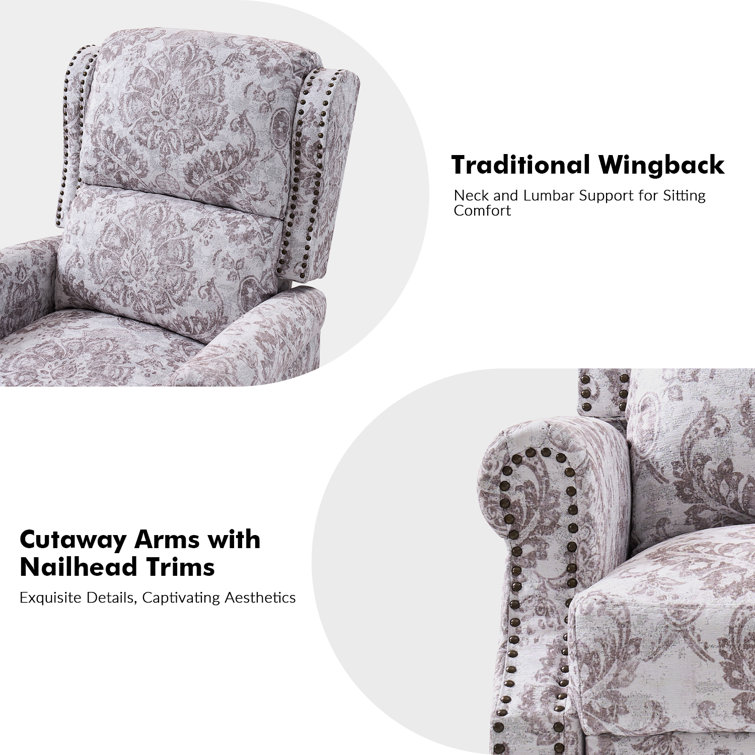 Beige Floral Polyester Wingback Recliner with Wood Legs