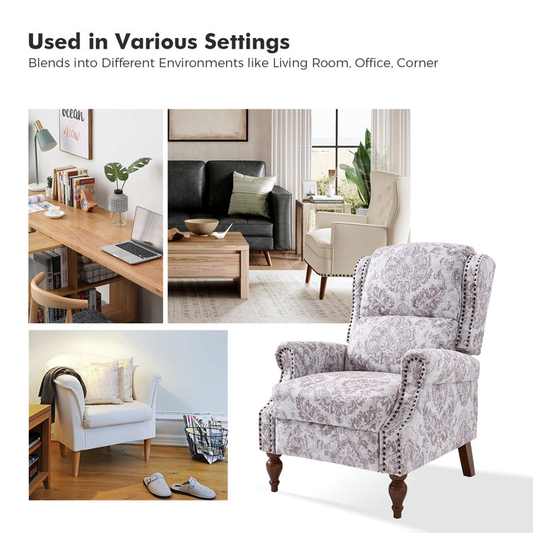 Beige Floral Polyester Wingback Recliner with Wood Legs