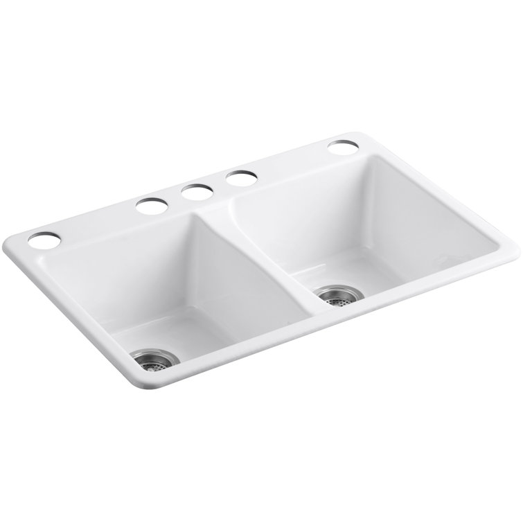 White Cast Iron Double Bowl Drop-In Kitchen Sink
