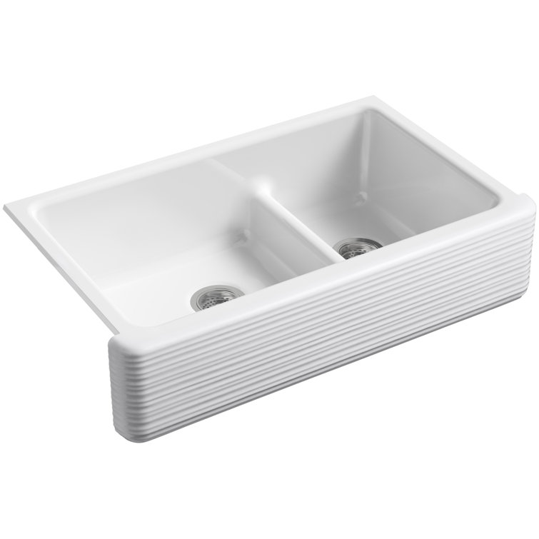 White 36" Cast Iron Farmhouse Double Bowl Kitchen Sink