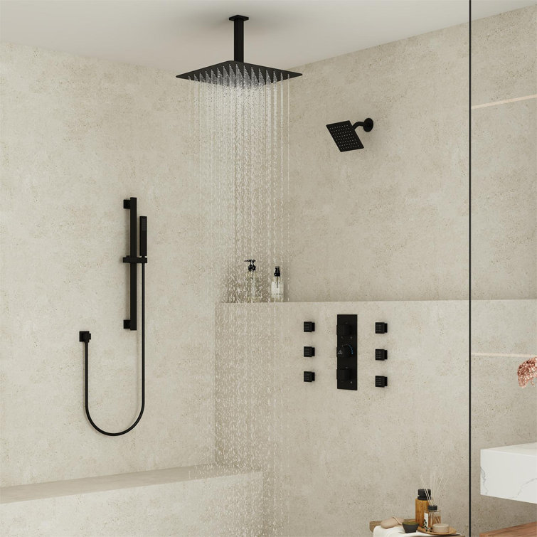 Matte Black 16" Thermostatic Dual Shower System with Handheld and Body Jets