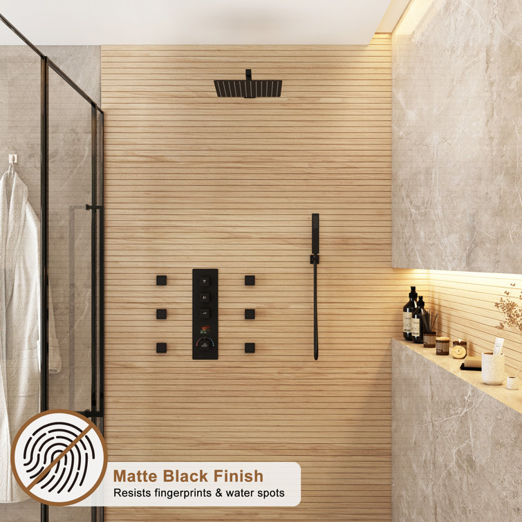 Matte Black Multi-Function Thermostatic Shower System with Digital Display