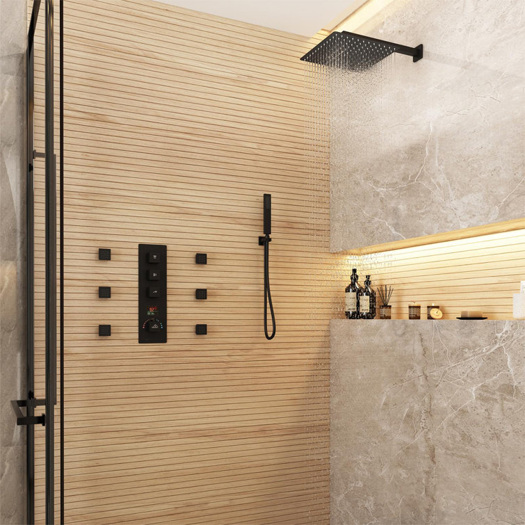 Matte Black Multi-Function Thermostatic Shower System with Digital Display