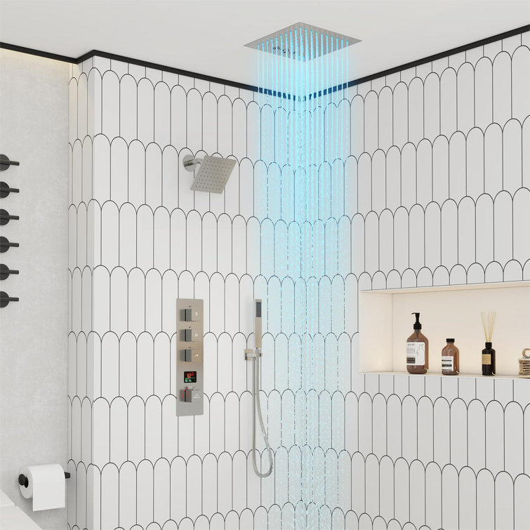 Brushed Nickel Dual Shower Head System with LED and Bluetooth