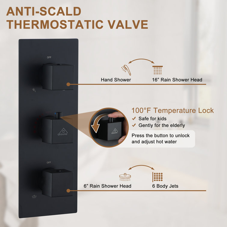 Matte Black 16" Thermostatic Dual Shower System with Handheld and Body Jets