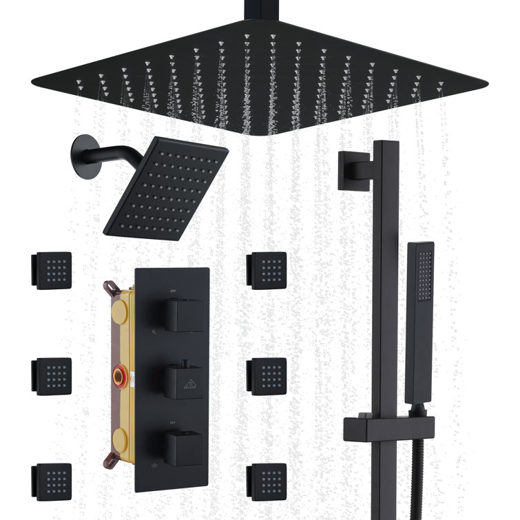 Matte Black 16" Thermostatic Dual Shower System with Handheld and Body Jets