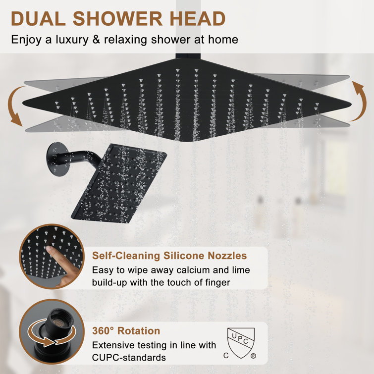 Matte Black 16" Thermostatic Dual Shower System with Handheld and Body Jets