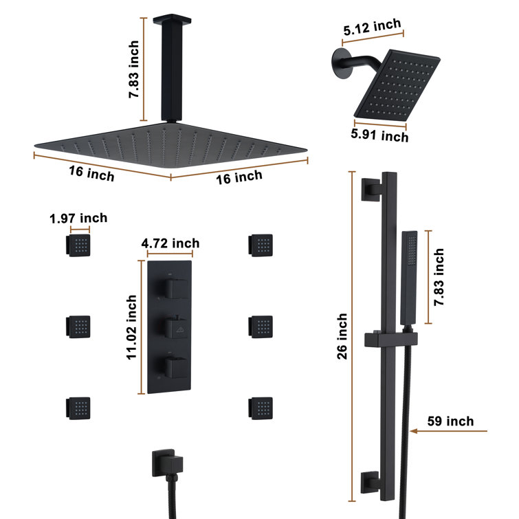 Matte Black 16" Thermostatic Dual Shower System with Handheld and Body Jets