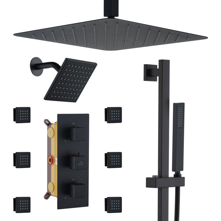 Matte Black 16" Thermostatic Dual Shower System with Handheld and Body Jets