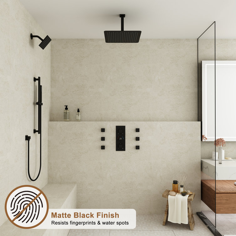 Matte Black 16" Thermostatic Dual Shower System with Handheld and Body Jets