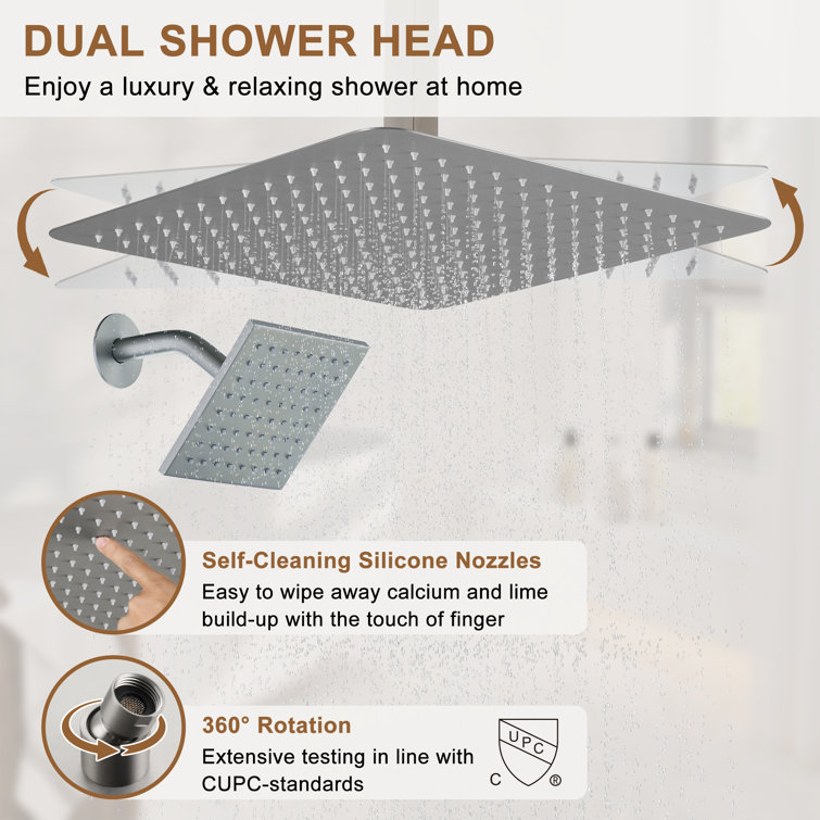 Brushed Nickel Large Square Rainfall Dual Shower Head System