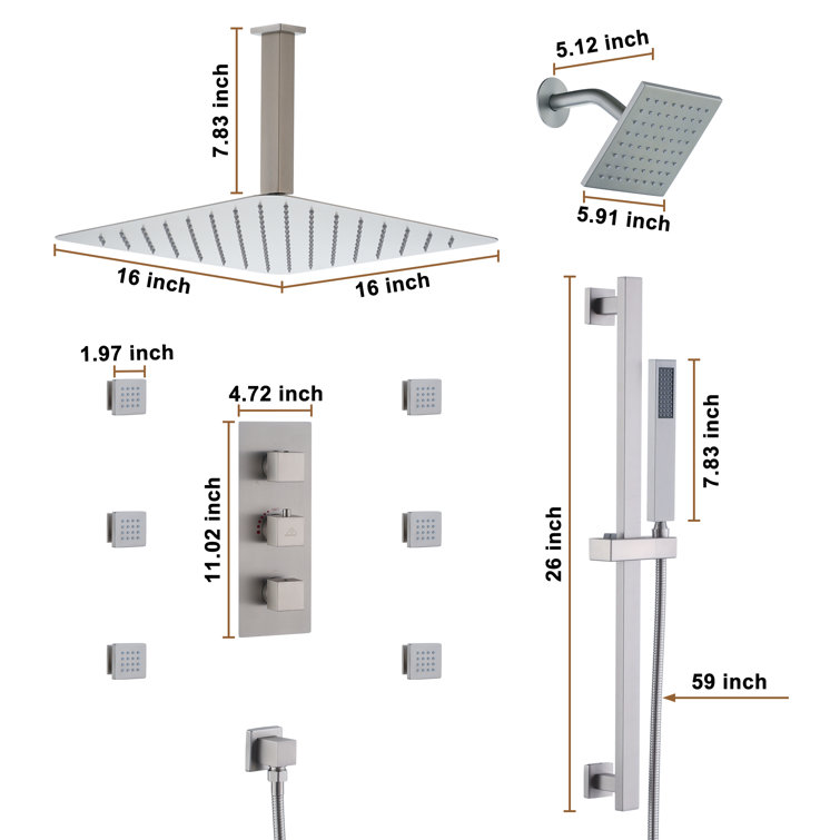 Brushed Nickel Large Square Rainfall Dual Shower Head System