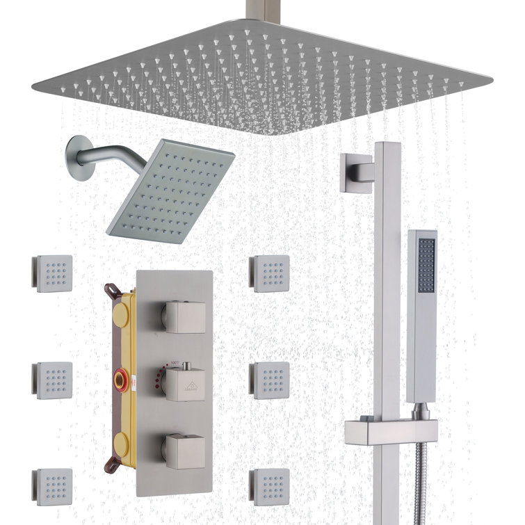 Brushed Nickel Large Square Rainfall Dual Shower Head System