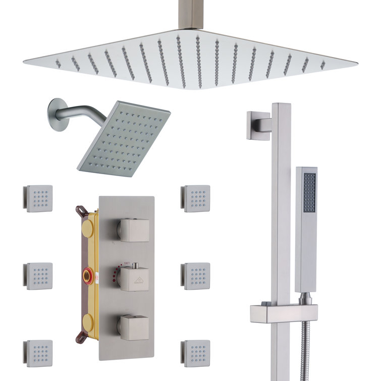 Brushed Nickel Large Square Rainfall Dual Shower Head System