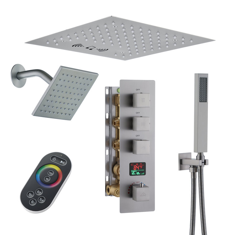 Brushed Nickel Dual Shower Head System with LED and Bluetooth